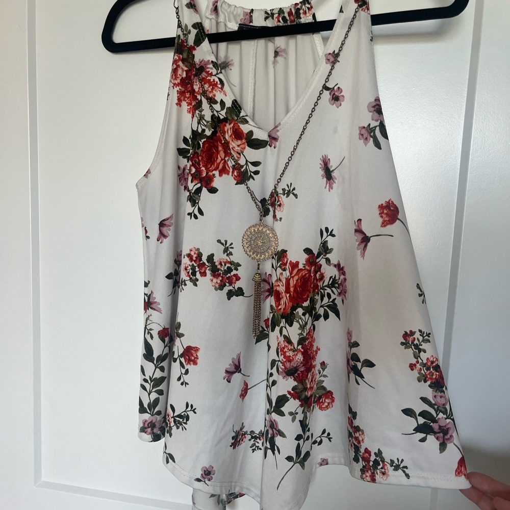 Floral Sleeveless Top - White and Red